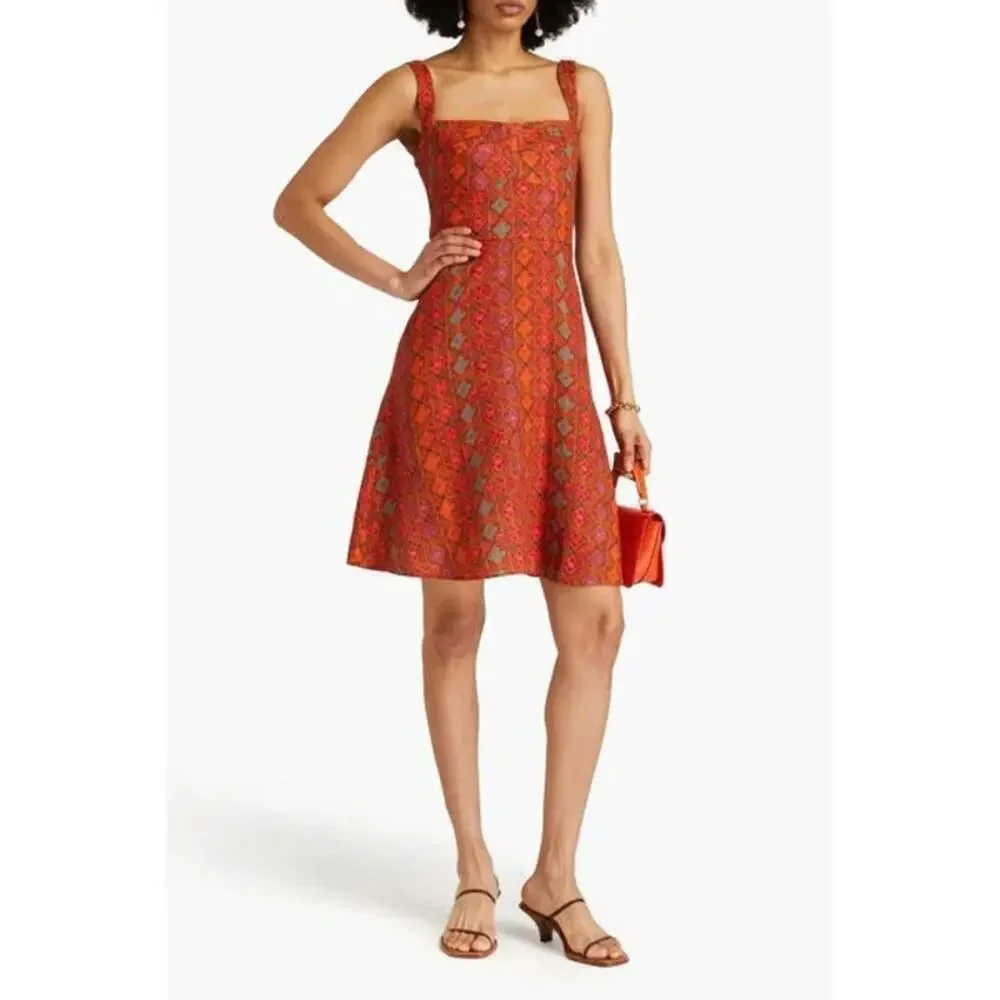 Saloni Rachel Printed Linen Mini Dress Red Size 2 - Picture 3 of 8
